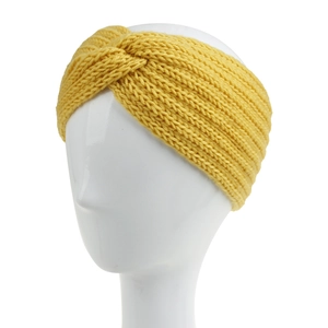 Close-up of a yellow knitted headband for women with a criss-cross knot and pineapple stitch