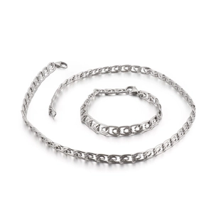 Set of 8mm stainless steel textured chain necklace and bracelet in polished silver finish