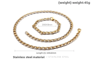 Detail showing 8mm two-tone stainless steel curb chain set with necklace and bracelet
