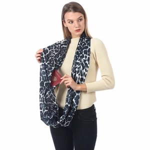 Detail of leopard print infinity scarf with hidden zipper pocket for passport