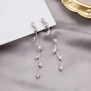 Elegant long leaf tassel earrings with zircon stones and silver finish for non-pierced ears