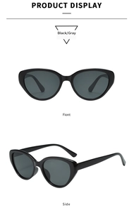 Front and side views of classic black cat-eye sunglasses with gray lenses on white background