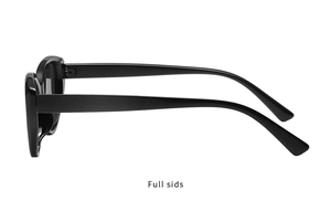 Side view detail of retro oval cat eye sunglasses with thick glossy black frames