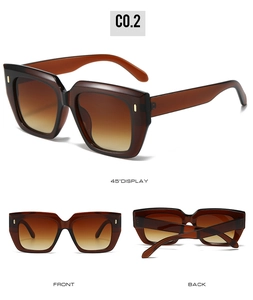 Three perspectives of oversized square sunglasses featuring chic golden rivet accents