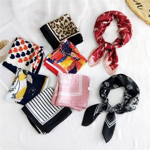 Silk-like satin square scarf set with leopard, heart, and geometric floral patterns