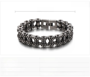 Detail of industrial bike chain bracelet in black stainless steel with dimensions