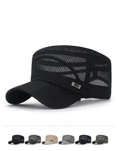 Detail of multi-color breathable mesh flat top caps with metallic S-P side logo