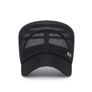 Men's breathable black mesh flat top military cap with a metal logo for summer sun protection