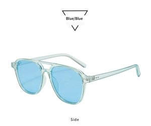 Detailed side view of vintage double bridge square sunglasses in light blue transparent frame