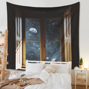 Bohemian starry night tapestry with earth window view for bedroom wall decor