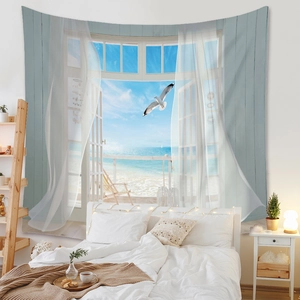 Detail of beach window tapestry showing seagulls and sea view in a cozy bedroom setup