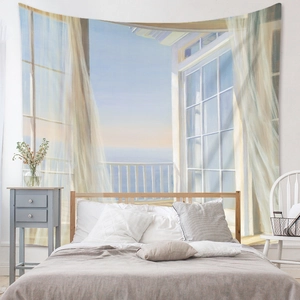 Detail of bohemian tapestry featuring realistic balcony sea view with flowing curtains