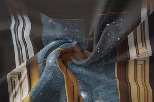 Detailed close-up of bohemian wall tapestry showing surreal galaxy and architecture print