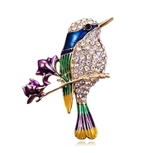 Enamel colorful bird brooch with sparkling rhinestones on gold base jewelry for women