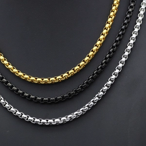 Classic stainless steel box chain necklace for men in gold, black, and silver finishes
