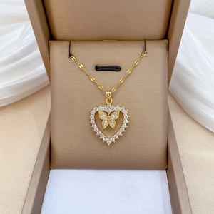 Heart Butterfly Pendant Necklace Stainless Steel Chain Copper Pave Cubic Zirconia Clavicle Jewelry For Women Elegant