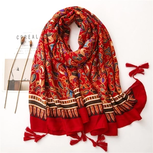 Bohemian Ethnic Style Red Scarf Shawl For Women With Tassels Satin Cotton Polyester Travel Beach Paisley Floral Printing Large Wrap