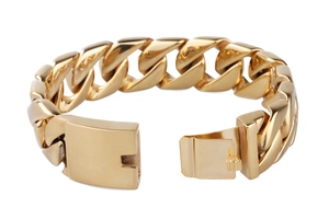 Close-up of a gold-plated stainless steel Cuban link bracelet with a square clasp buckle