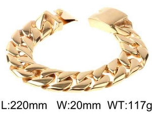 Polished gold stainless steel Cuban link bracelet, 220mm length and 20mm width detail view