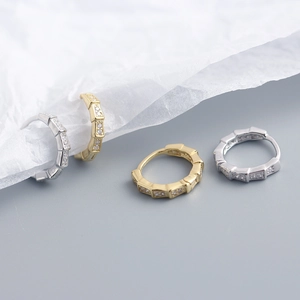 Bamboo style S925 sterling silver hoop earrings with clear crystals in gold and silver