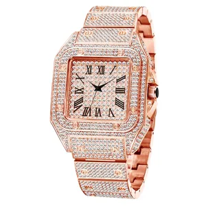 Luxury rose gold square watch for men featuring full iced-out diamonds and Roman numerals