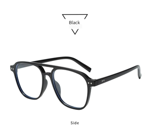 Side view of retro square black frames with double bridge and metal stud accents