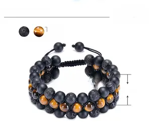 Adjustable triple-layer bracelet featuring 8mm lava stone and tiger eye beads detail