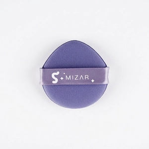 Soft purple teardrop makeup puff with Mizar ribbon for seamless foundation application