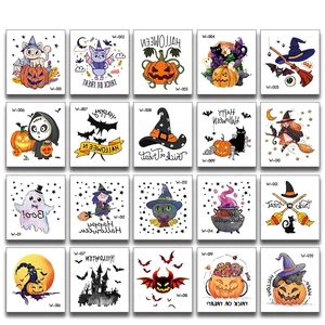 Set of 20 Halloween temporary tattoos featuring cartoon ghosts, pumpkins and bats designs