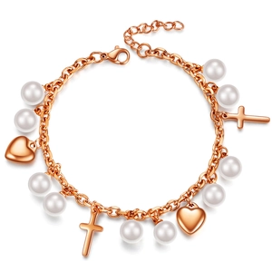 Rose gold stainless steel bracelet with white pearls, heart and cross charms charm