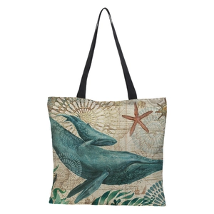 Detail of nautical print on linen tote bag featuring teal whales and vintage sea map