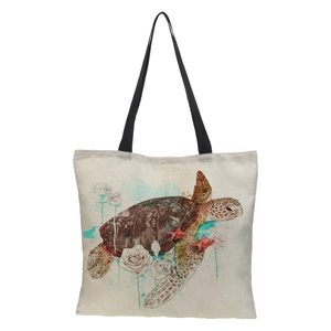 Close-up of 3D sea turtle and white rose print on a beige waterproof linen tote bag