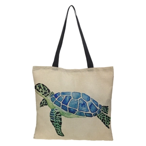 Detail of 3D watercolor sea turtle print on durable linen canvas tote bag texture