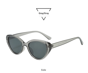 Side view detail of gray transparent cat eye sunglasses showing the sleek temple design