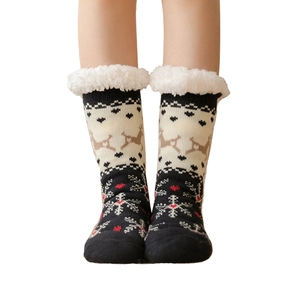 Winter thermal knit floor socks with fleece lining, reindeer pattern, and anti-slip soles