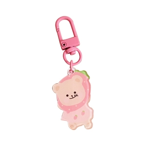 Cute pink acrylic bear and strawberry keychain with metal hook for school bags