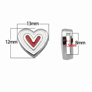 Silver alloy heart bead with red enamel and dimension labels for 8mm jewelry bands