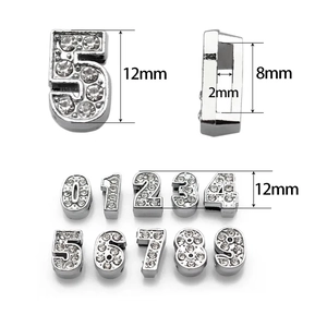 8mm Silver DIY rhinestone number charms for bracelets, full 0-9 set for slide wristbands