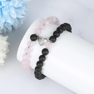 Pink and black matte stone couple bracelets with magnetic silver heart attraction