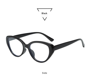 Side view of black oval cat-eye sunglasses with sleek frames and smooth temples