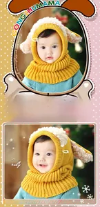 Detail of baby mustard yellow knitted earflap hat with warm white fleece trim decor