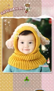 Detail of a ginger yellow puppy-shaped knitted baby hood with warm plush accents