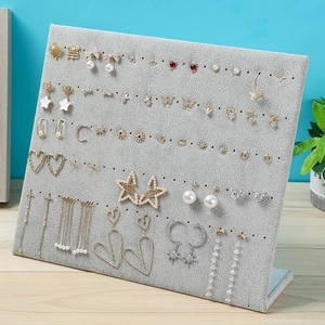 L-shaped velvet jewelry display board for earrings and necklaces in light grey finish