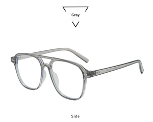 Detailed side view of transparent gray double-bridge pilot sunglasses showing frame specs