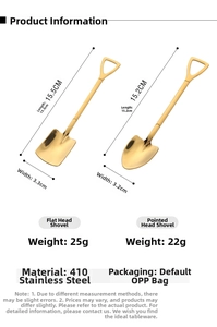 Detailed size specifications of two gold shovel-shaped stainless steel dessert spoons
