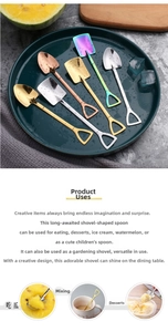 Creative shovel-shaped stainless steel spoons used for enjoying fresh watermelon and desserts