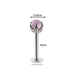 Titanium steel moonstone piercing stud with dragon claw setting and flat back design