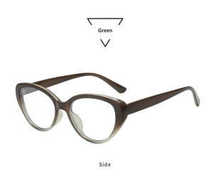 Detailed side view of vintage cat-eye sunglasses with green gradient acetate frame