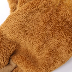 Close-up of soft brown faux fur fabric texture for warm pet lion costume apparel
