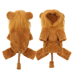 Detailed back and front view of lion-shaped pet costume with plush brown mane for dogs